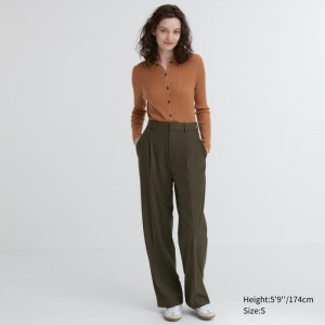 Dámské Kalhoty Uniqlo Široké-Fit Plisovaný (Vysoké) Olivy Zelené CZ | O091195