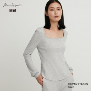 Dámské Tričko Uniqlo HEATTECH Waffle Square Neck Long-Sleeve (Vlna Blend) (Extra Warm) Šedé CZ | T228470