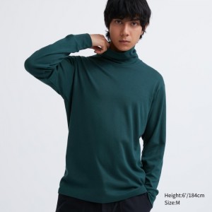 Pánské Tričko Uniqlo Brushed Bavlněné Turtleneck Long-Sleeve Tmavě Zelene CZ | M211606