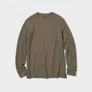 Pánské Tričko Uniqlo Waffle Crew Neck Long-Sleeve (2022 Edition) Tmavě Zelene CZ | Q960700