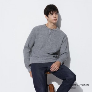 Pánské Tričko Uniqlo Waffle Henley Neck Long-Sleeve (2022 Edition) Šedé CZ | O817710