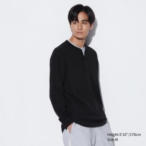 Pánské Tričko Uniqlo Waffle Henley Neck Long-Sleeve (2022 Edition) Černé CZ | B863464