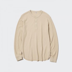 Pánské Tričko Uniqlo Waffle Henley Neck Long-Sleeve (2022 Edition) Natural CZ | T029830