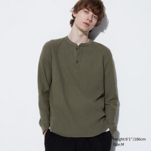Pánské Tričko Uniqlo Waffle Henley Neck Long-Sleeve (2022 Edition) Tmavě Zelene CZ | J436608