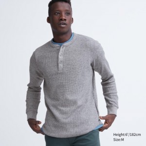 Pánské Tričko Uniqlo Waffle Henley Neck Long-Sleeve Šedé CZ | M313221